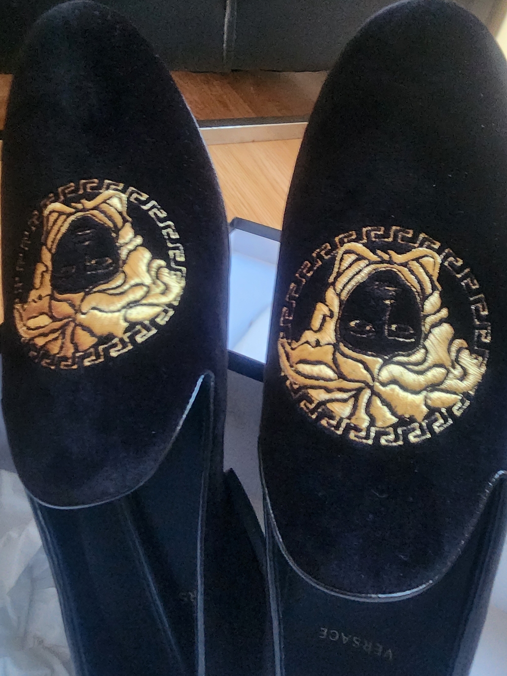 Versace Black Velvet Gold-Embroidered Slip-On Loafers